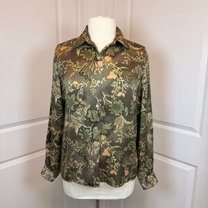 Vintage Silk Floral Blouse Olive Green Botanical Button-Up | Size M Coottagecore